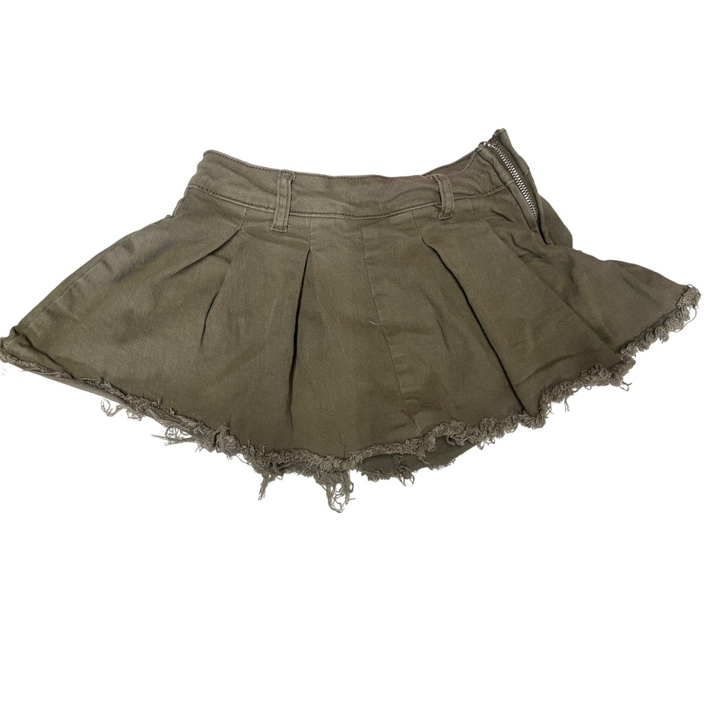 SHEIN Olive Green Pleated Denim Mini Skirt Raw Hem Side Zip Size XS 2